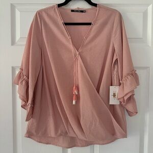 Doe & Rae Pink Ticking Blouse w/ Tassel Tie Detail